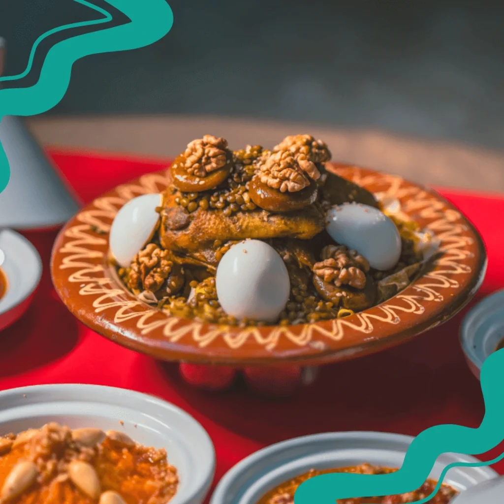 A traditional Moroccan dish of shredded msemen, chicken, and lentils in a spiced broth.