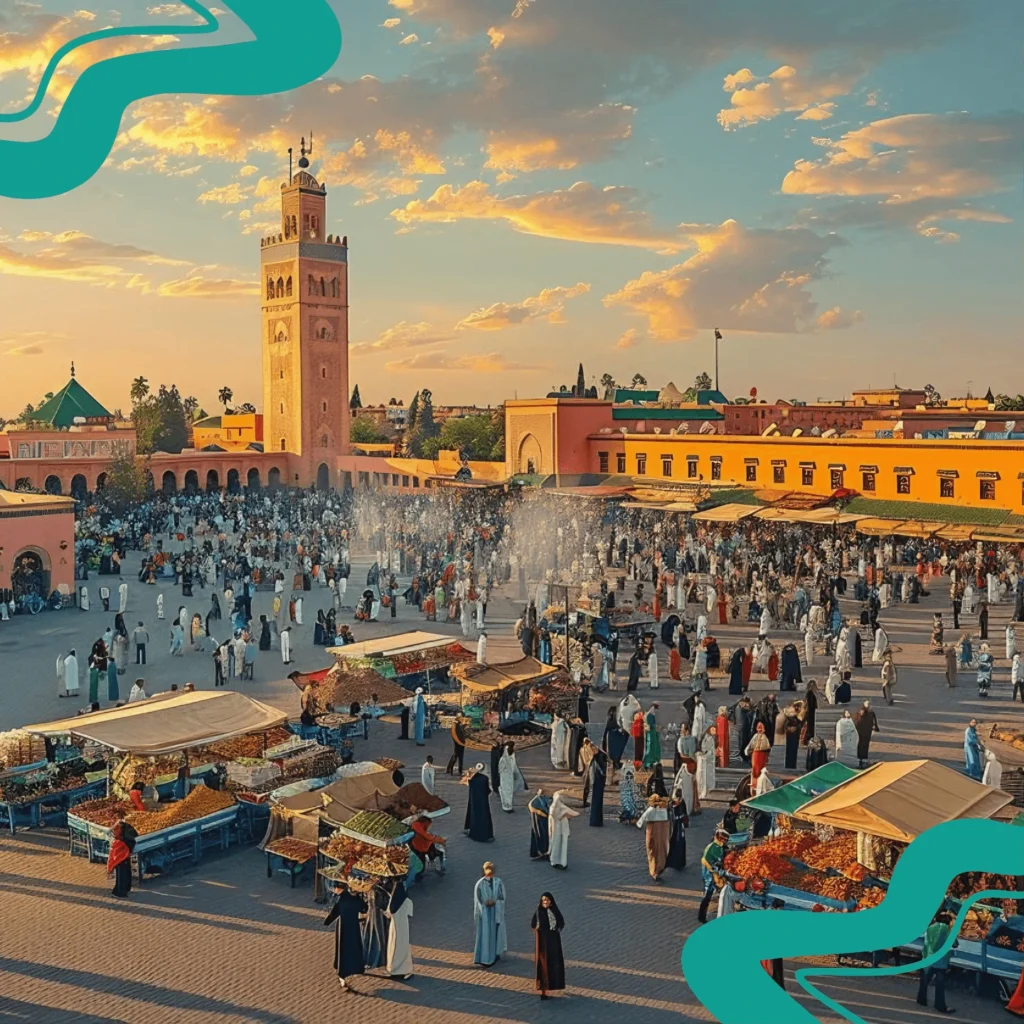 Vibrant street scene at Jemaa el-Fnaa, the lively main square in Marrakech, filled with food stalls, entertainers, and locals