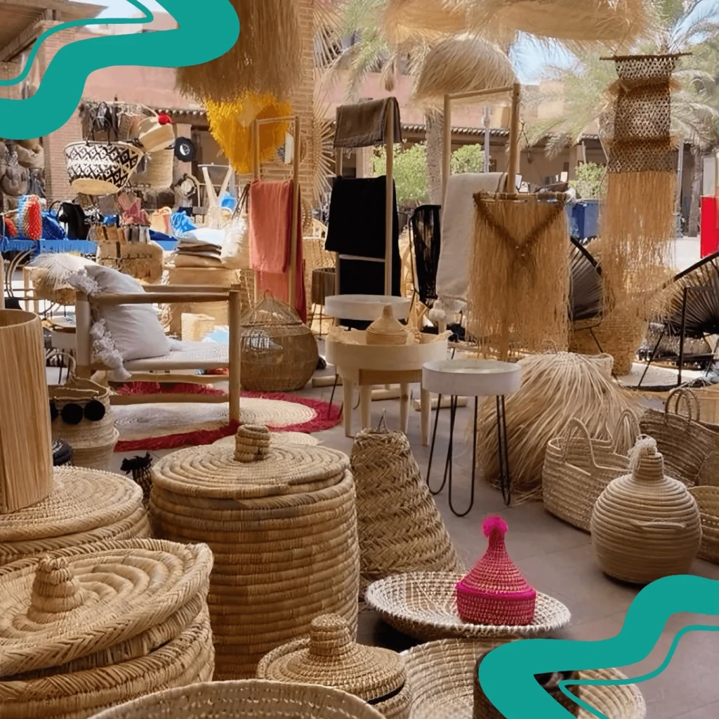 Colorful market shop in Marrakech selling traditional Moroccan goods, including spices, textiles, and pottery.