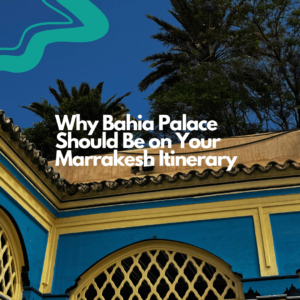 A beautiful courtyard at Bahia Palace in Marrakesh, showcasing intricate Moroccan tile work, lush greenery, and a peaceful fountain. The vibrant colors and detailed architecture reflect the palace's rich history and royal past.